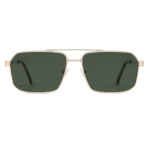 SOJOS Retro Polarized Square Sunglasses for Women Men Vintage Large Double Bridge UV Protection Metal Sun Glasses SJ1246 - color: Gold/Dark Green