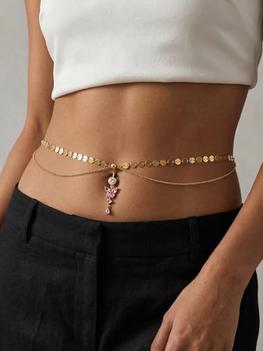 Pink Heart Belly Button Ring with Waist Chain for Women, Gold Triple Cubic Zirconia Dangle Navel Piercing, Adjustable Body Jewelry for Summer Beach Bikini - color: Chain-Style A