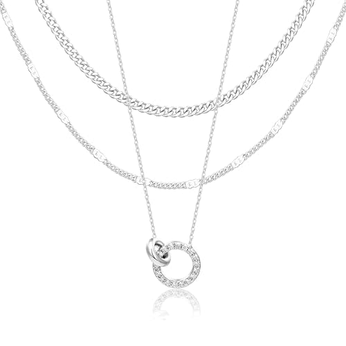 WomenGifts Layered Gold Necklaces for Women, 14K Gold Sterling Silver Plated Dainty Pendant Necklace Set Non Tarnish, Chunky Stackable Cuban Chain Choker, Trendy Birthstone Vacation Jewelry Gift - color: Silver, style: Double Circle