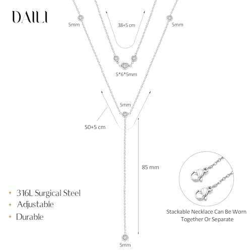 DALI Long Gold Necklaces for Women, Dainty Layered Sterling Silver Plated Y Shaped Necklace Stack Non Tarnish Cross CZ Pendant Long Chain Choker Adjustable Necklaces Jewelry for Vacation Christmas - color: Silver CZ Long Necklace