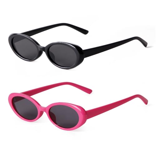 90s Sunglasses for Women Men Retro Small Oval Sunglasses - color: Black/Grey+hot Pink/Grey