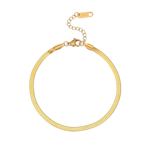 Dainty Ankle Bracelets for Women 18K Gold Plated Satellite Beaded Herringbone Lip Chain Anklets Simple Minimalist Summer Beach Foot Jewelry Christmas Gifts - color: 3mm Snake-Gold