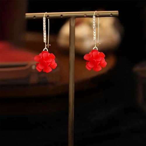 Boho Flower Dangle Earrings for Women Long Drop Resin Acrylic Tiered Petal Statement Earrings Handmade Lightweight Vintage Floral Chunky Drop Jewelry - color: Red