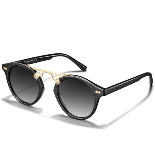 CARFIA Double Bridge Small Acetate Sunglasses for Women Polarized, Retro Metal Brow Ladies Sunnies Fashion Round Eyewears - color: Black
