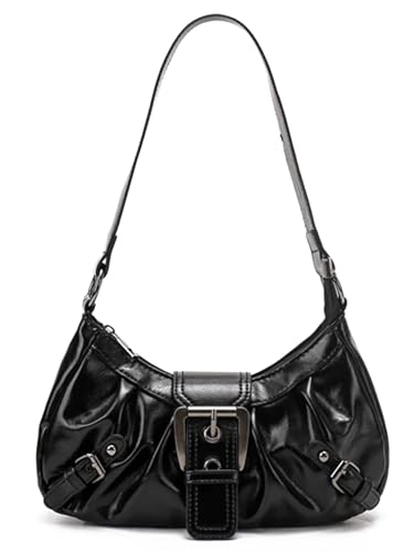 Y2K Trendy Purse for Women, Leather Buckle Punk Hobo Clutch Purses Bags for Ladies Top Handle Shoulder Bag - color: Deep Black