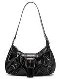 Y2K Trendy Purse for Women, Leather Buckle Punk Hobo Clutch Purses Bags for Ladies Top Handle Shoulder Bag - color: Deep Black