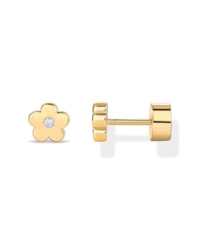 PAVOI 14K Gold Plated Dainty Flat Back Earrings for Women - Hypoallergenic Sterling Silver Posts Helix Cartilage Piercing Jewelry - Emoji Motif Bow Celestial Flatback Gold Stud Earrings Screw Back - style: Flower