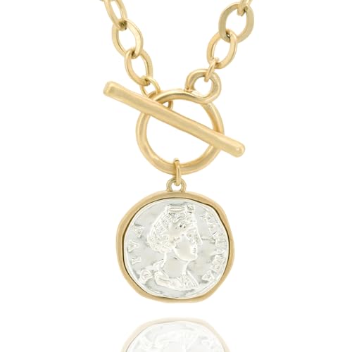 Chunky Gold Coin Pendant Necklace Trendy Layered Statement Chain for Women, Antique Toggle Design with Thick Link, Fashionable Necklaces for Women - color: Worn Gold/Sliver