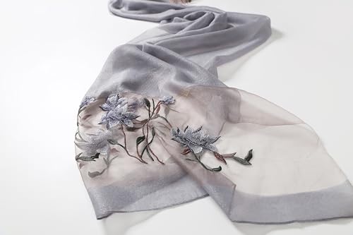 Jeelow Silk Blend Floral Fashion Scarf Shawl Wrap Lightweight Sheer For Women Floral Embroidery Wedding Party Prom - color: Grey 1