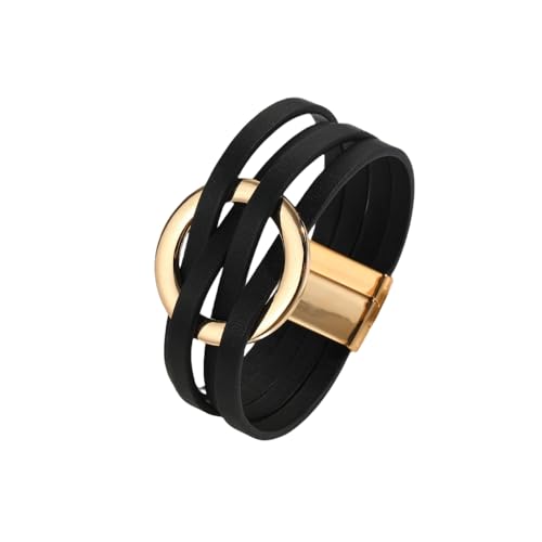 Circle Charm Leather Wrap Bracelet Bohemia Multilayer Leopard Handcrafted Layered Cuff Boho Multi-Chain Bracelet for Women Teen Holiday Jewelry - color: black