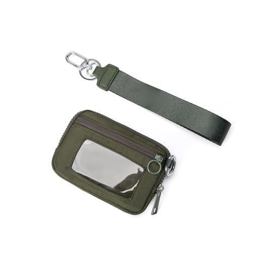 Wristlet Wallet for Women Mini Zip Card Case with Clear ID Window Zipper Coin Purse Lightweight Portable Keychain Wallet - color: Green