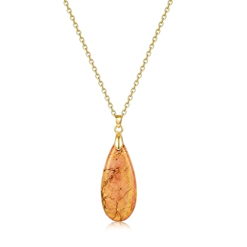 Joya Love 14K Gold Plated Healing Stone Teardrop Pendant Necklace for Women, Waterproof Stainless Steel Chain, Colorful Natural Stone Look, Boho Spiritual Jewelry Gift - color: Orange -Gold