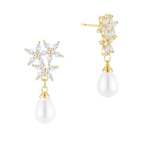 Pearl Earrings - 14K Gold/White Gold/Rose Gold Plated Cubic Zirconia CZ Diaomond Accented Pearl Drop Dangle Earrings for Women Wedding Bridal Prom - color: Flower