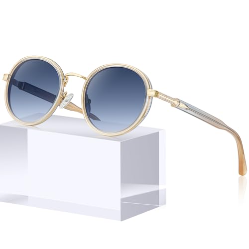 CARFIA Retro Round Sunglasses for Women Polarized UV Protection, Durable Acetate-Metal Frame Designer Eyewear CA1951 - color: 4. White Frame + Gradient Blue Lens