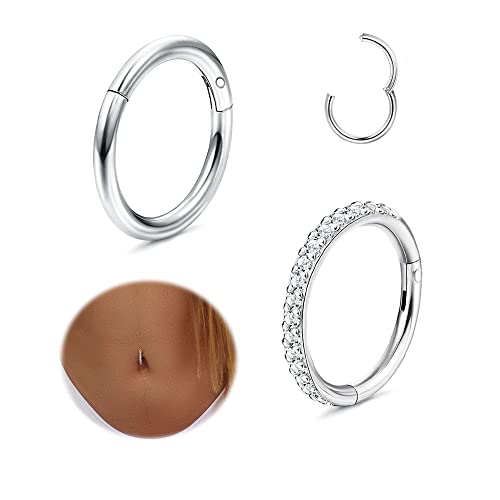 THUNARAZ 2Pcs Belly Button Rings for Women Surgical Stainless Steel Clicker Belly Rings Hoop CZ Heart Butterfly Dangle Navel Rings Belly Piercing Jewelry Silver Tone 14G - color: Silver Tone-Simple