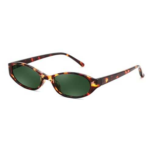 FEISEDY Retro Oval Womens Sunglasses, Trendy Cat Eye Skinny Chic Narrow Y2K 90s Small Sunnies B9177 - color: Leopard Frame - Dark Green