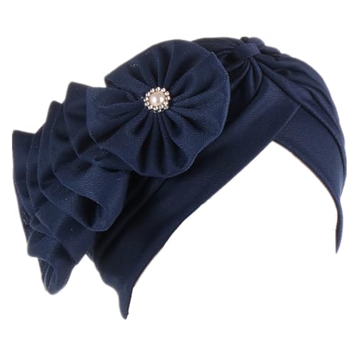 Flower Turban Hats for Women - Ruffle Bead Stretch Solid Caps Chemo Cancer Pre Tied Headscarf Headwear - color: Navy