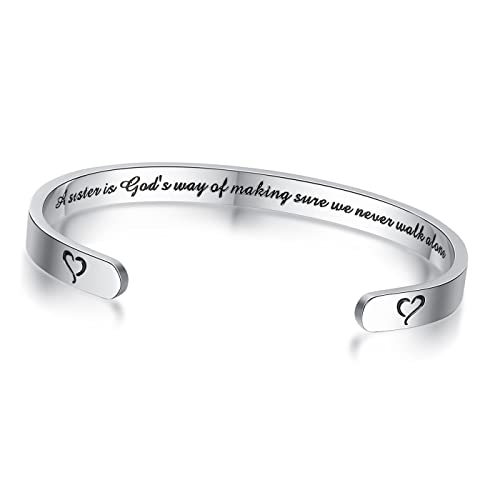 TONY & SANDY Inspirational Bracelets for Women Teen Girls Personalized Gifts for Daughter Granddaughter Mom Sister Friends Stainless Steel Engraved Cuff Birthday Easter Christmas - style: A - Sister Gifts - A sister is god's way of making sure we never wa