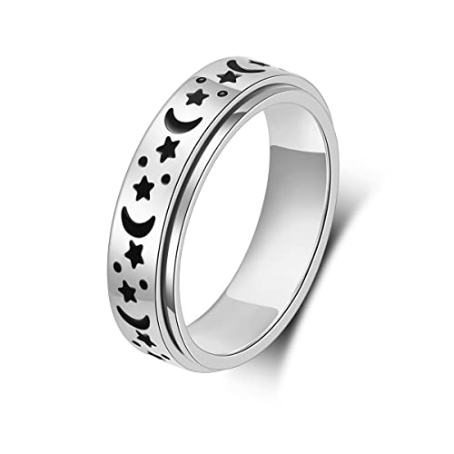 Anxiety Ring for Women Spinner Rings:Rotating Rings Stainless Steel 6mm Moon Star Anxiety for Men Band Jewelry Gift for Women Size 6 7 8 9 10 - color: A-Silver