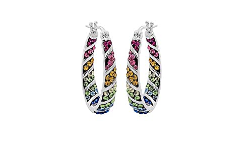 Savlano 14K Gold Plated Inside Out Multicolor Rainbow Crystal Hoop Earrings For Women Comes With Gift Box - color: White Gold