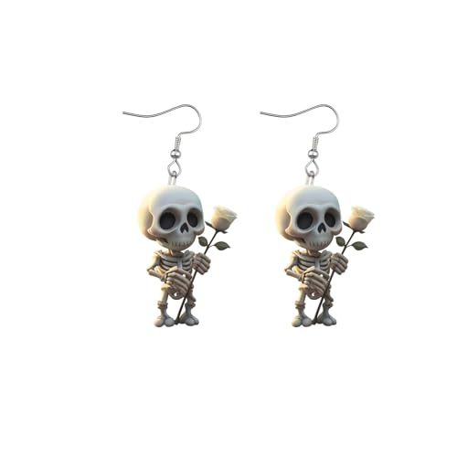 Halloween Skeleton Earrings for Women – Cute Spooky Skull Dangle Earrings with Red Rose, Gothic Creepy Cute Acrylic Statement Jewelry - color: Romantic Skeleton with White Rose