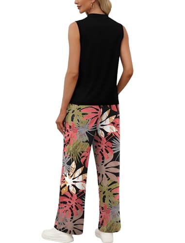 WIHOLL Two Piece Set for Women Summer Spring Outfits Cruise Travel Airport Beach Vacation Mock Neck Wide Leg Pants Set - color: Black Pink Leaf, size: XX-Large