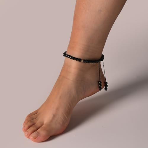 Softones 6mm Natural Stone Anklet for Women Gemstone Ankle Bracelets for Women Healing Energy Crystal Anklets Adjustable(8.5-10 Inches) - color: Black Agate
