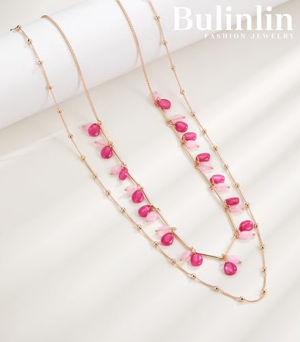 BULINLIN Layered Long Necklaces for Women Long Beaded Chain Necklace CostumeJewelry Mothers Day Gifts for Mom - color: Hot pink