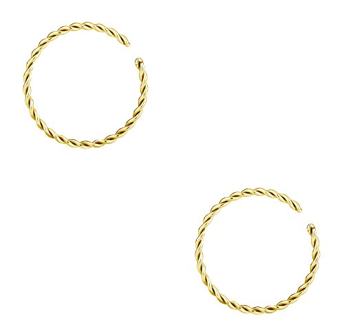 Forbidden Body Jewelry Nose Rings Set Surgical Steel Braided Hoops for Pierced and Fake Nose and Cartilage Piercings 14G-20G - style: 20g 8mm Gold Tone (2Pcs)