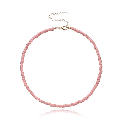 Bohemian Beaded Choker Necklace for Women Adjustable Colorful Rice Bead Necklace Handmade Beach Necklace Boho Beach Summer Ocean Hawaii Jewelry For Women Men - color: Pink