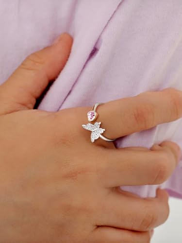 Bestyle 925 Sterling Silver Butterfly Ring Hypoallergnic Adjustable Birthstone Rings for Women Butterfly Jewelry Gifts for Anniversary Mothers' Day Birthday - color: 10.October (Pink Tourmaline)
