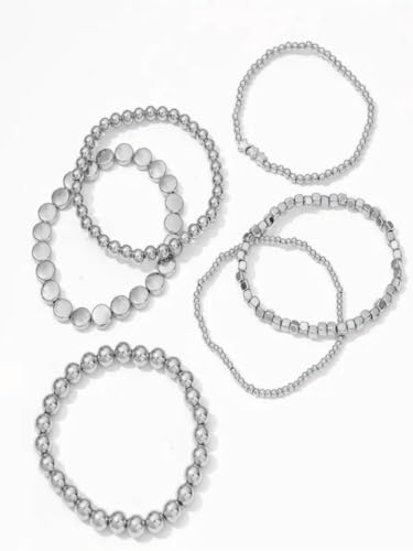 6Pcs Beaded Anklets for Women Elastic Stretch Ankle Bracelets Set Gold Silver Tone Boho Star Disc Charm Foot Jewelry Beach Gift - color: Silver