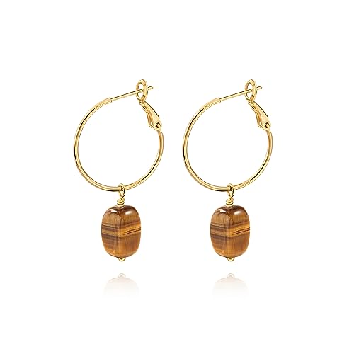 Gold Plated Huggie Hoop Earrings with Charms Fashion Pearl Drop Dangle Earrings for Women Handmade Karma Circle Jewelry for Ladies Lightweight Pearl Earrings on Christmas - color: Tiger Eye