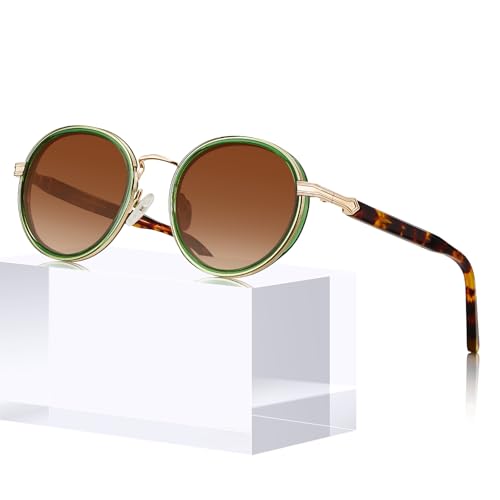 CARFIA Retro Round Sunglasses for Women Polarized UV Protection, Durable Acetate-Metal Frame Designer Eyewear CA1951 - color: 1. Translucent Green Frame + Gradient Brown Lens