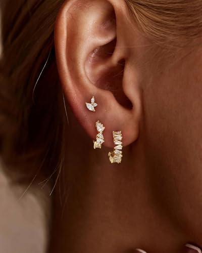 3 Pairs Small Earring Stacks, 14K Gold/Silver/Black/Rose Gold Plated Pearl Heart Butterfly Star Diamond Charm Drop Huggie Earrings Trendy Jewelry Gift for Women - color: Gold-Geometric