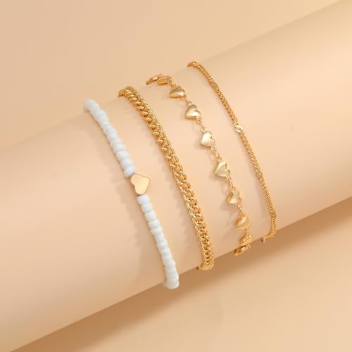 Fesciory Women Heart Anklet Adjustable Beach Layered Ankle Bracelets for Women Gold Alloy Foot Chain Jewelry - color: Gold Heart(4 Pack)