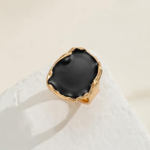 Chunky Gold and Black Two-tone Enamel Drip Band Rings Set for Women, Vintage Statement Large Crystal CZ Ring Big Party Prom Jewelry Gift Accessories - color: 1PCS Black