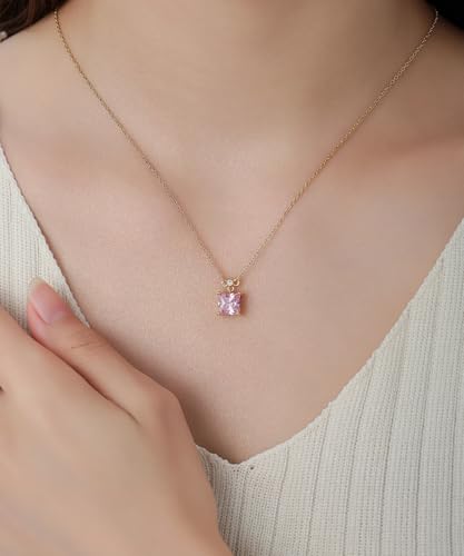 18K Gold-Plated Non Tarnish Birthstone Necklace for Women, 5A Princess Cut Cubic Zirconia Pendant, Birthday Anniversary Valentine's Gift, 18-20 Inches - color: 5-May-Emerald