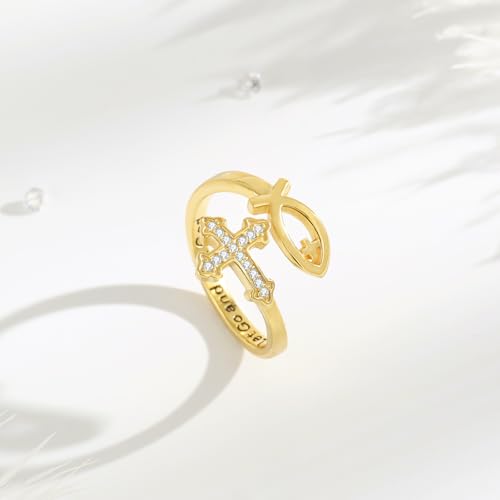 Vito 925 Sterling Silver Adjustable Open Spoon Ring for Women Men, Lotus Sunflower Snake Spoon Band Rings Feather Hug Witches Knot Inspirational Jewelry Gift for Wife - style: Jesus Fish-Golden