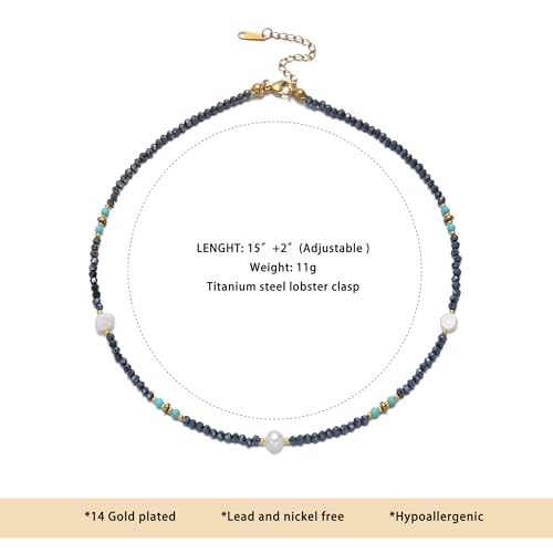 Turquoise Choker Necklace for Women, Western Crystal Bead & Pearl Necklace with Adjustable Chain Natural Stone Energy Jewelry, Boho Beaded Choker for Gifts - color: Turq Beads Pearl
