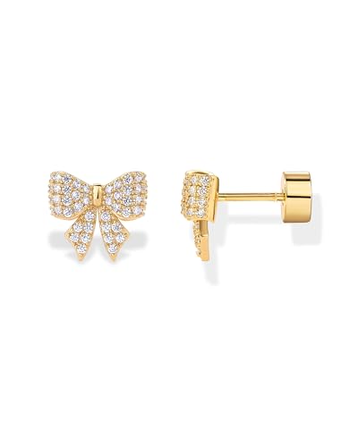 PAVOI 14K Gold Plated Dainty Flat Back Earrings for Women - Hypoallergenic Sterling Silver Posts Helix Cartilage Piercing Jewelry - Emoji Motif Bow Celestial Flatback Gold Stud Earrings Screw Back - style: Bow