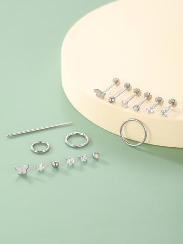 Oveta 16G 18G Flat Back Studs Earrings for Tragus Cartilage Piercing Jewelry, Surgical Steel Nose Rings Hoops 6/8/10mm, Silver/Gold - color: Silver, size: 18g*6/8/10mm bar