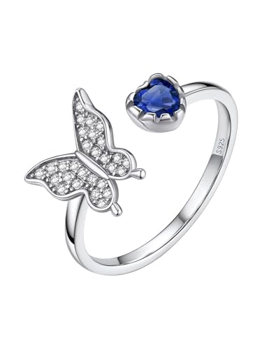 Bestyle 925 Sterling Silver Butterfly Ring Hypoallergnic Adjustable Birthstone Rings for Women Butterfly Jewelry Gifts for Anniversary Mothers' Day Birthday - color: 09.September (Sapphire)-Ring Delicate