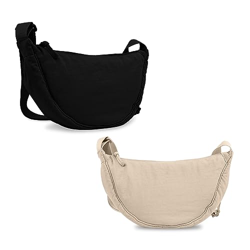 Nylon Crescent Crossbody Bag for Women Purses Trendy Men,Small Travel Sling Bag Hobo - color: Beige+black, size: Small