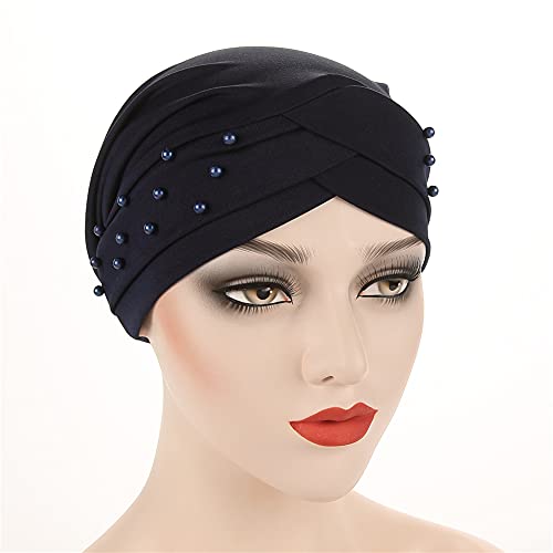Women Beaded Silky Beanie, Pre-Tied Turban Head Wrap Cap for Chemo Chemical Cancer Hair Loss Cover Hat - color: Navy