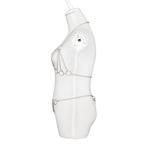 ADESUGATA Sexy Woman Tassel Body Harness Chain Cross Enticing Tassel Body Link Harness Metal Chain Sexy Lingerie Set - color: Silver