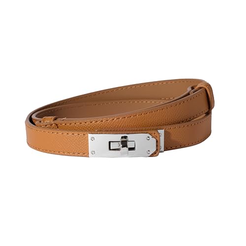 Ovekaut Women Skinny Leather Belt Solid Color Alloy Turn Lock Adjustable Waistband for Dresses Jeans Coats - color: Caramel / Silver