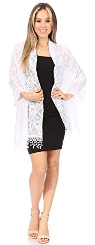 Sakkas Mari Women's Large Lightweight Soft Lace Scarf Wrap Shawl Floral and Fringe - color: Style10-white