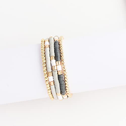GOOJIDS Surfer Heishi Clay Bead Bracelets for Women Bohemian Stackable Gold Plated Beaded Stretch Bracelets Elastic Layering Friendship Bracelets Set Boho Jewelry - color: B-Grey Surfer Color &Gold Bead
