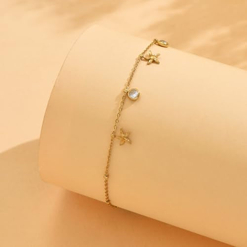 Gold Ankle Bracelets for Women 18K Gold Plated Waterproof Starfish Sea Shell Pearls CZ Diamond Dangle Anklets Trendy Summer Beach Foot Chain Jewelry Gift - style: Starfish CZ Drop-Gold